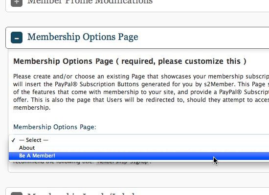 Выбор страницы опций членства в настройках плагина