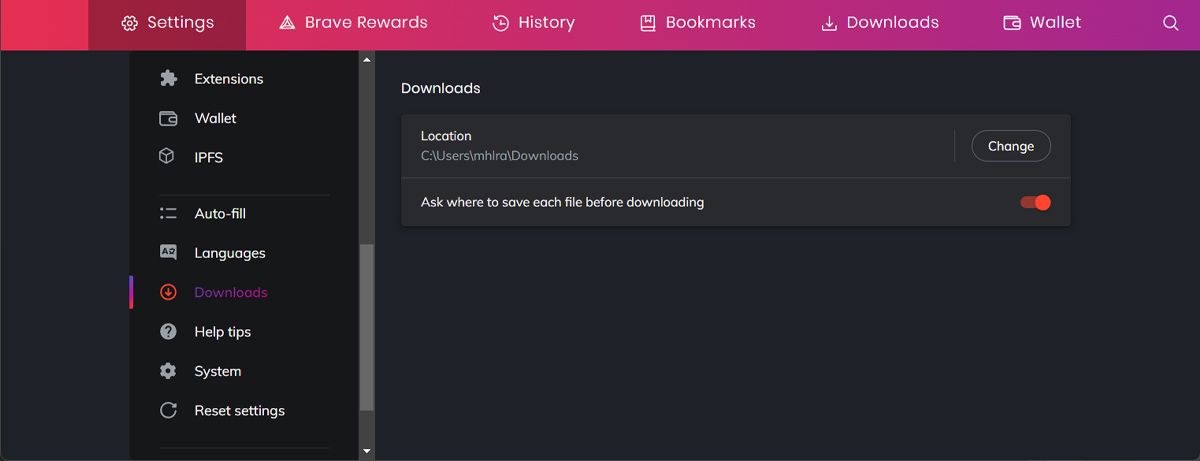 Настройки загрузок в Brave