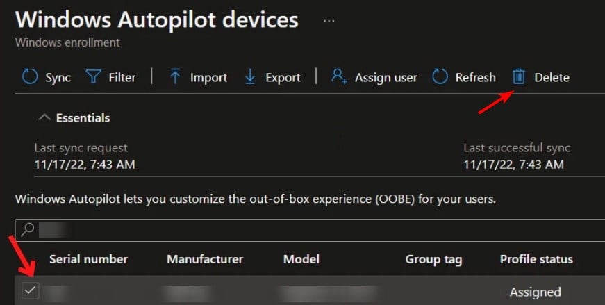 Удаление устройства в Intune: кнопка Delete