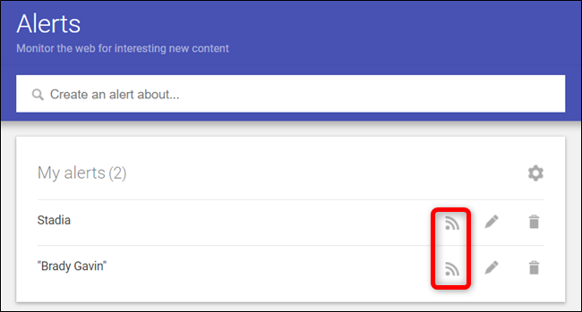 Изображение: иконка RSS рядом с оповещением в списке My Alerts