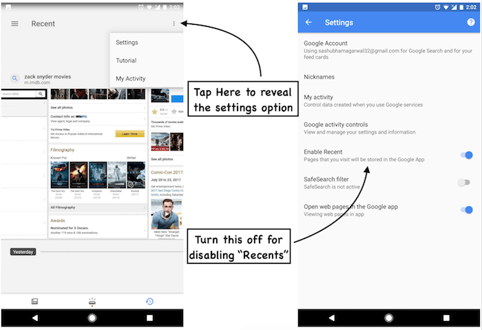 Schermata delle impostazioni per disattivare Recents nell'app Google su Android