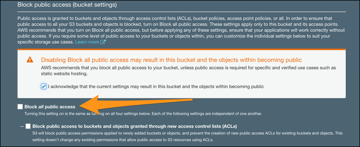Окно подтверждения включения публичного доступа для статического хостинга