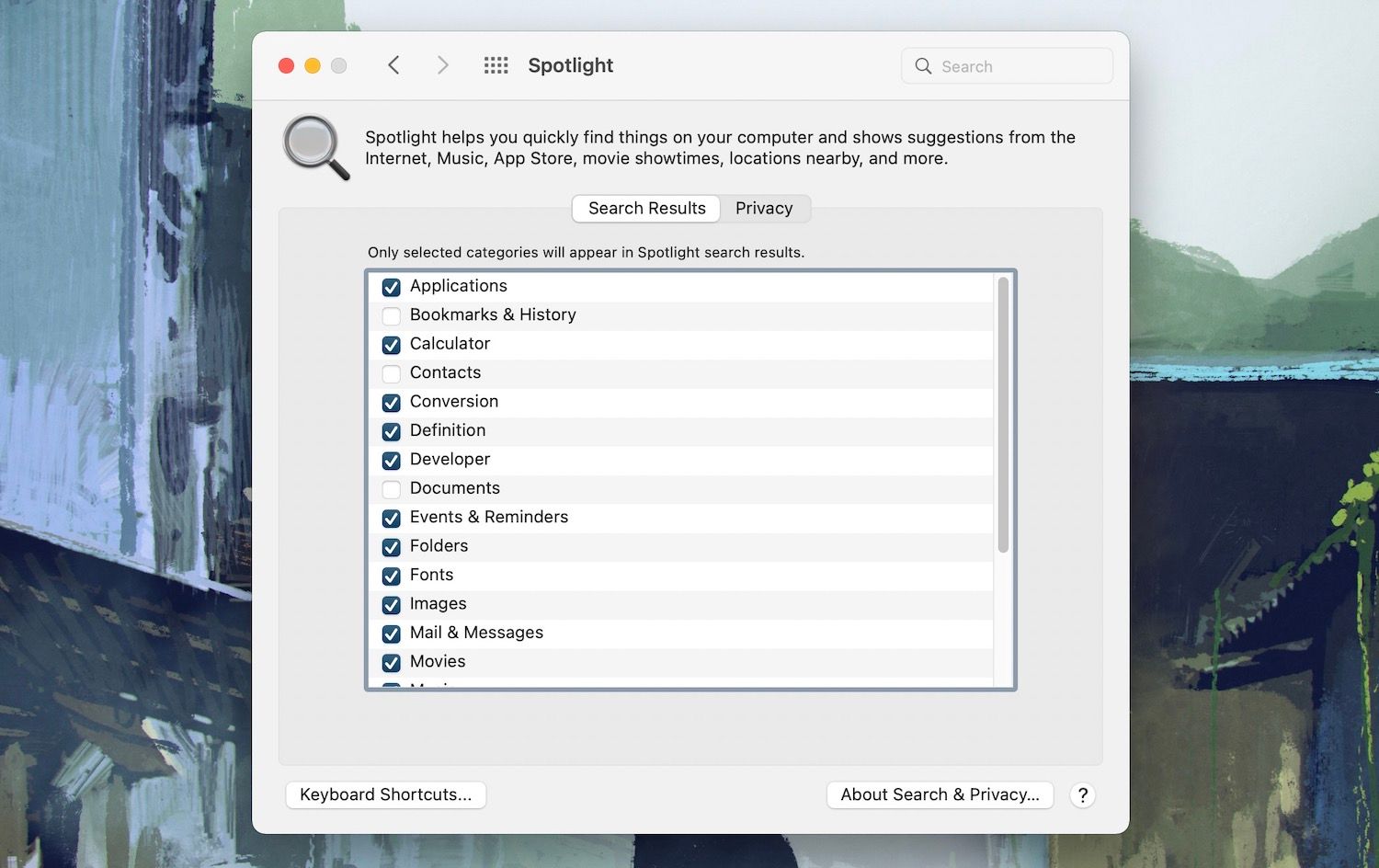 Список категорий Spotlight и флажки для индексации