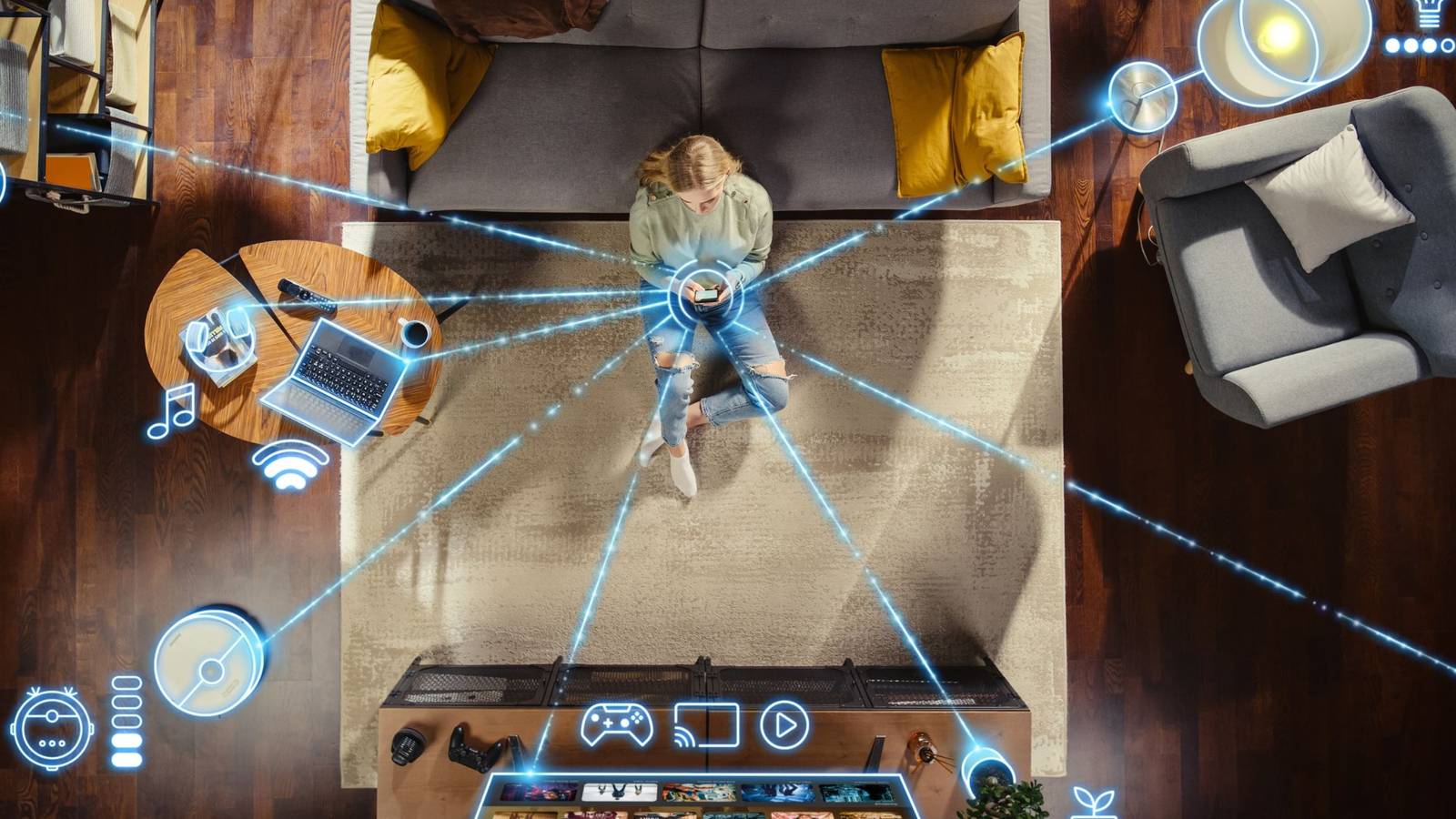 a woman using smart home devices with lines drawn between her smartphone and multiple devices