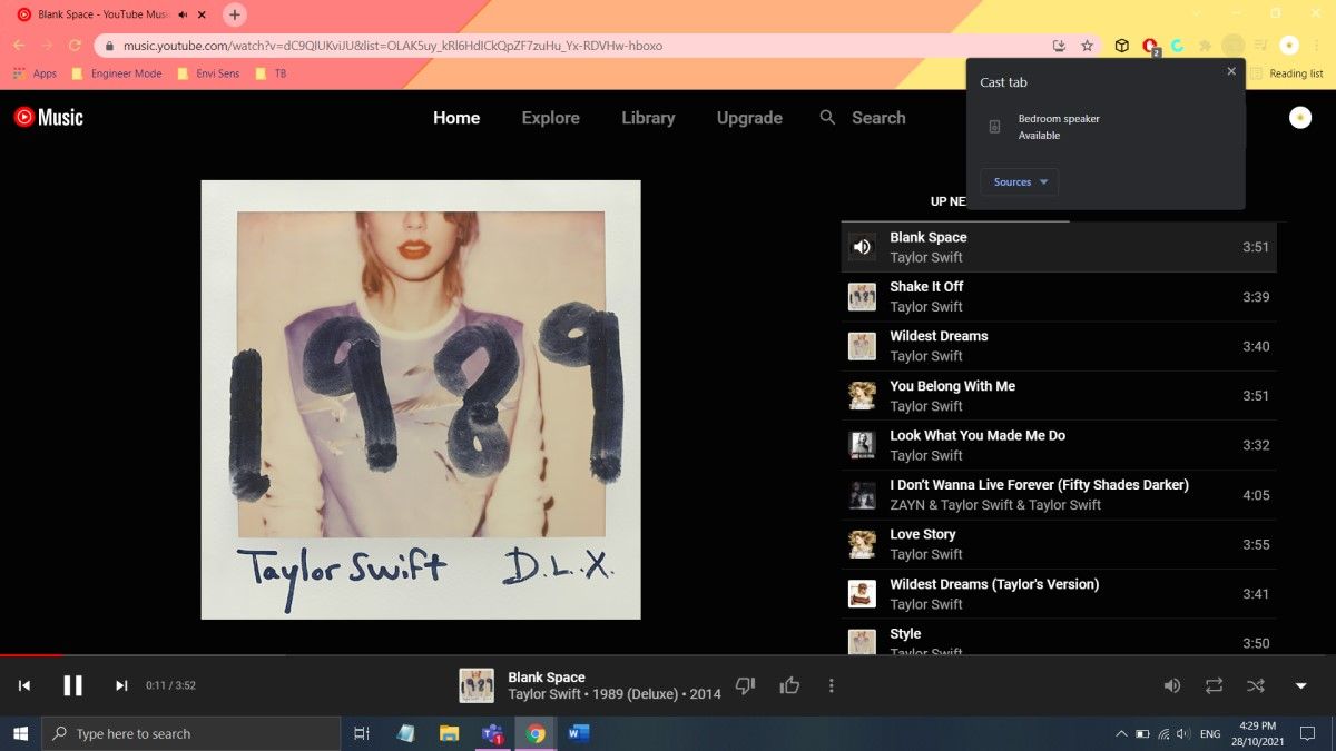 Окно сайта YouTube Music с выбором Cast