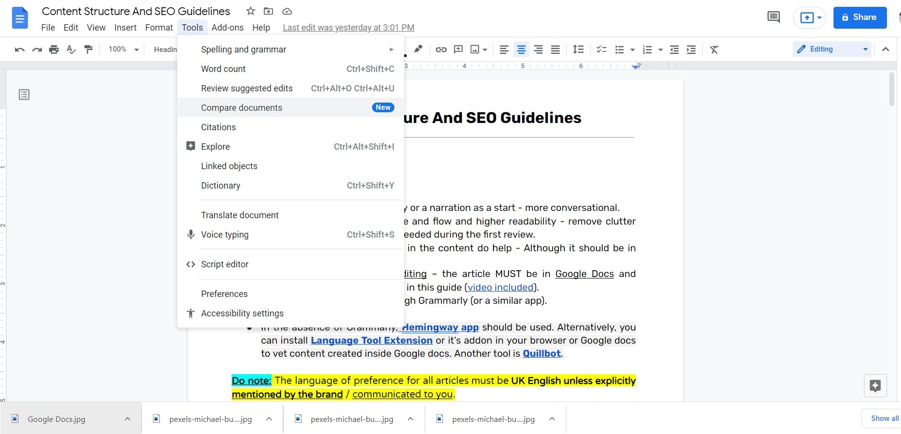 Меню Инструменты → Сравнить документы в Google Документах