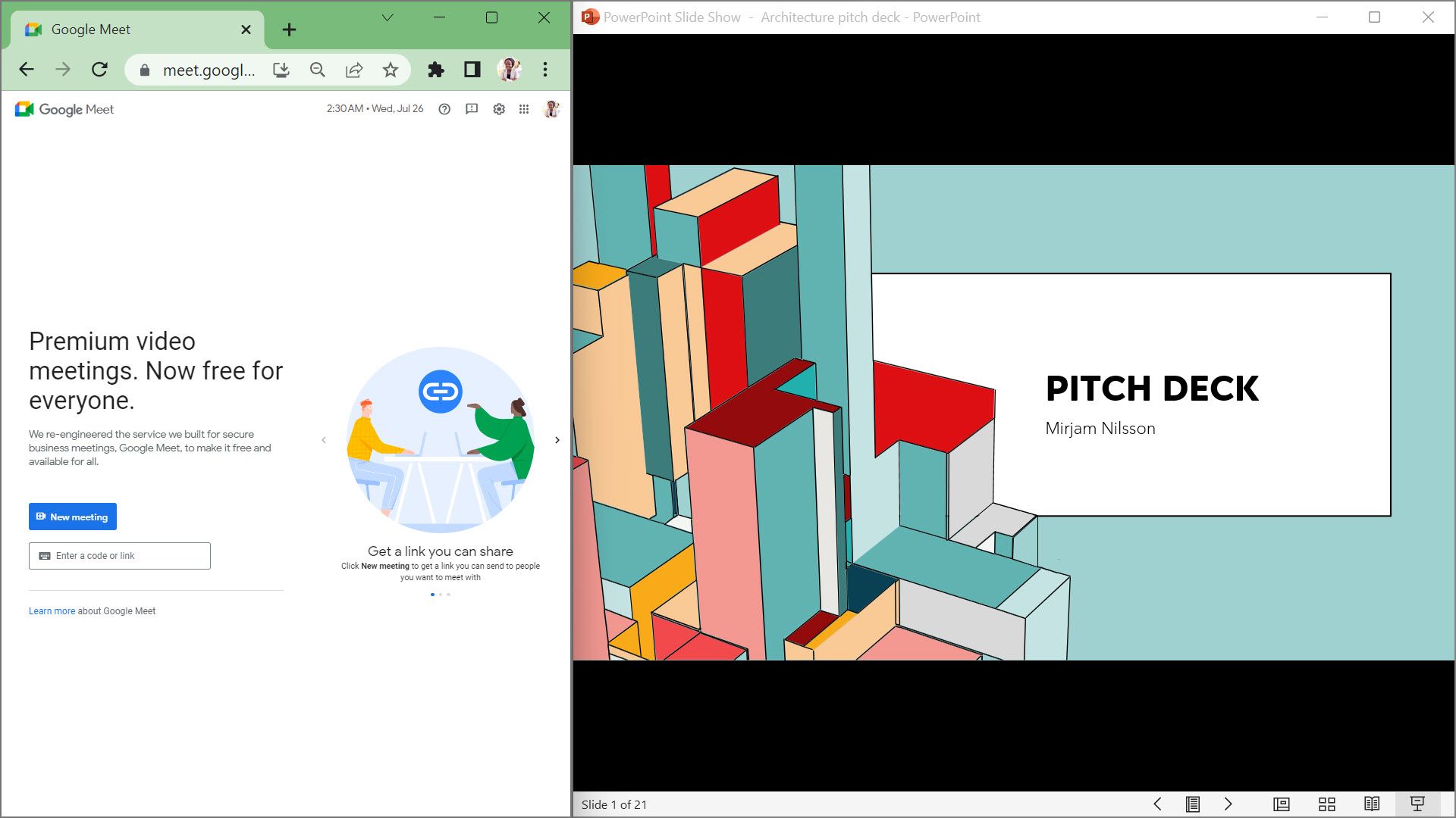 Закрепите PowerPoint слева, а Google Meet справа