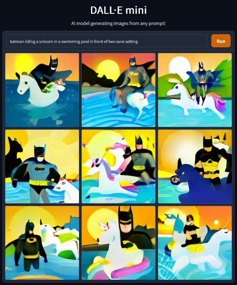 DALL E Mini Batman on a Unicorn in Front of Two Suns Setting