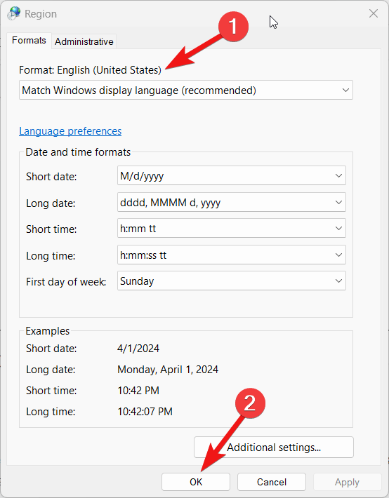 Выбор языка формата системы