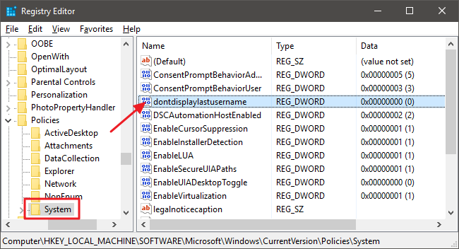 Параметр dontdisplaylastusername в Редакторе реестра