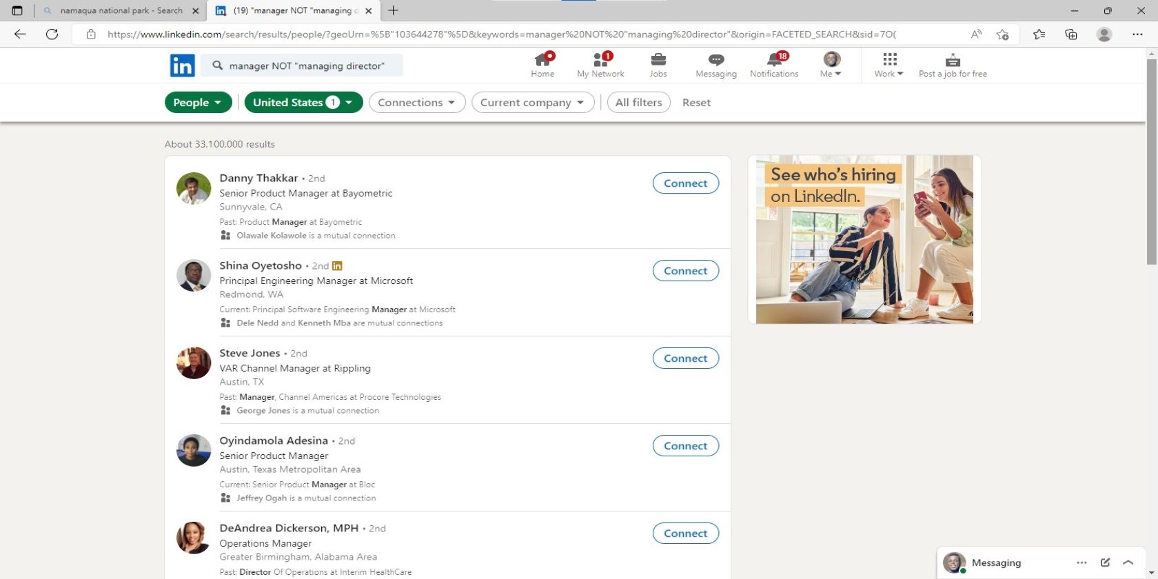 Пример исключающего оператора NOT в поиске LinkedIn