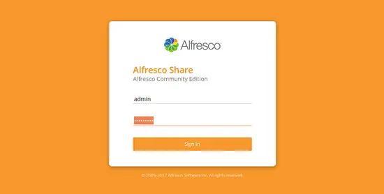 Страница входа в Alfresco