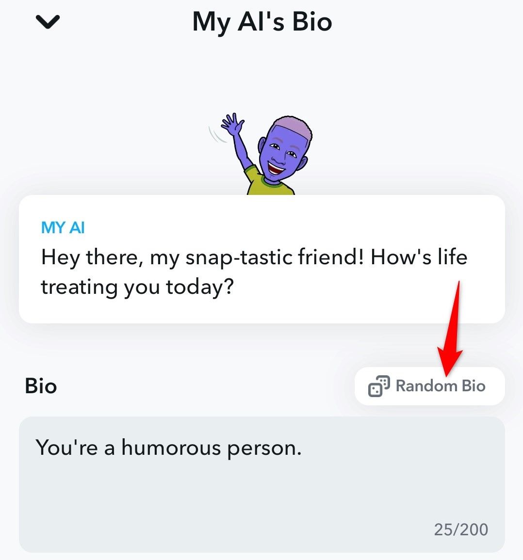  'Random Bio' highlighted on My AI's bio page in Snapchat.