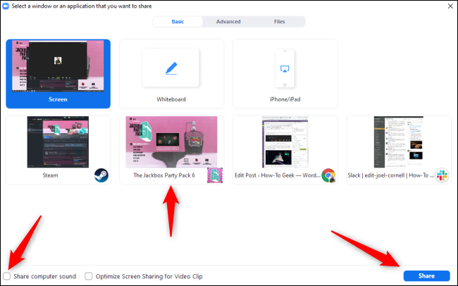 Окно выбора экрана для демонстрации в Zoom