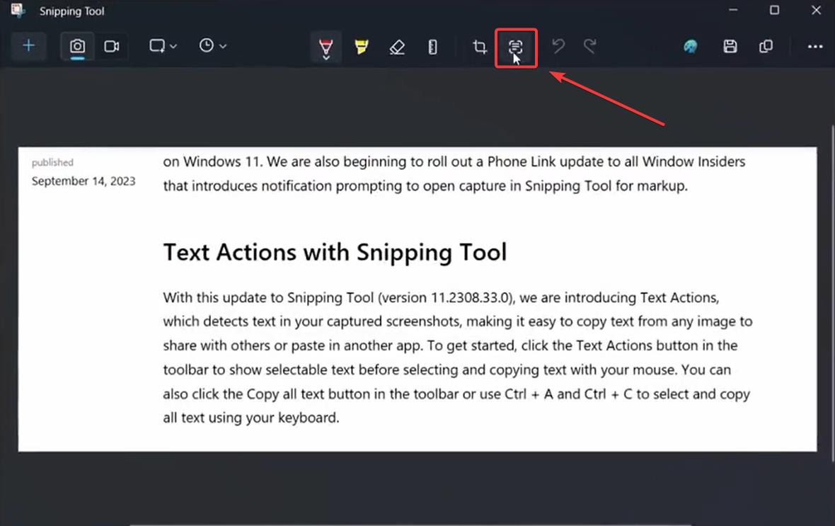 Панель Snipping Tool с иконкой Text Action