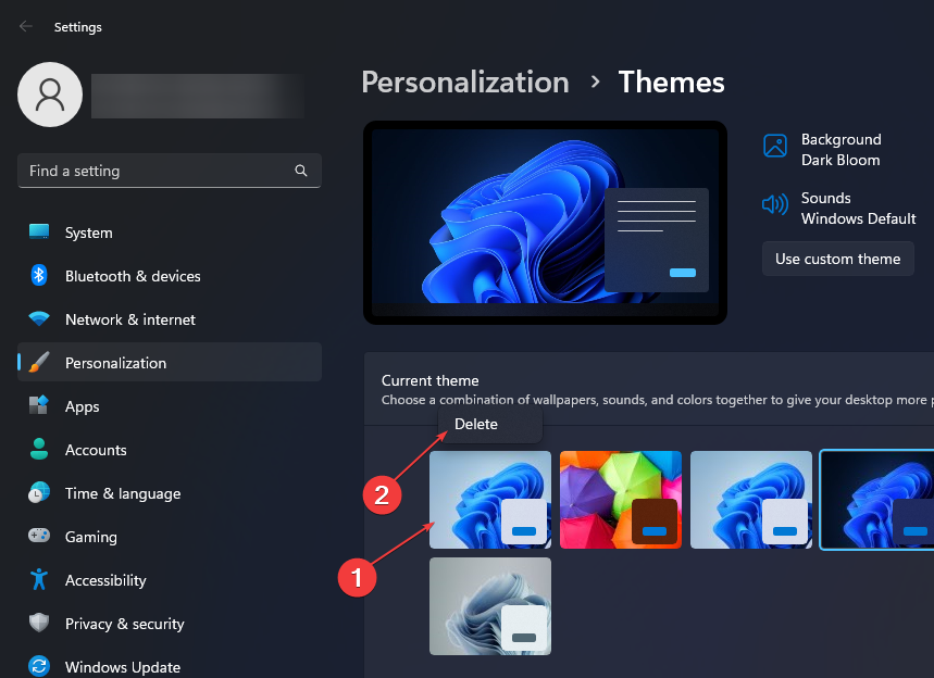 Удаление пользовательской темы в разделе Темы