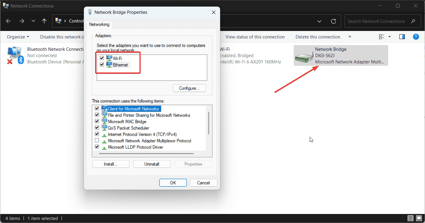 Proprietà del bridge di rete che mostra Wi‑Fi ed Ethernet selezionati