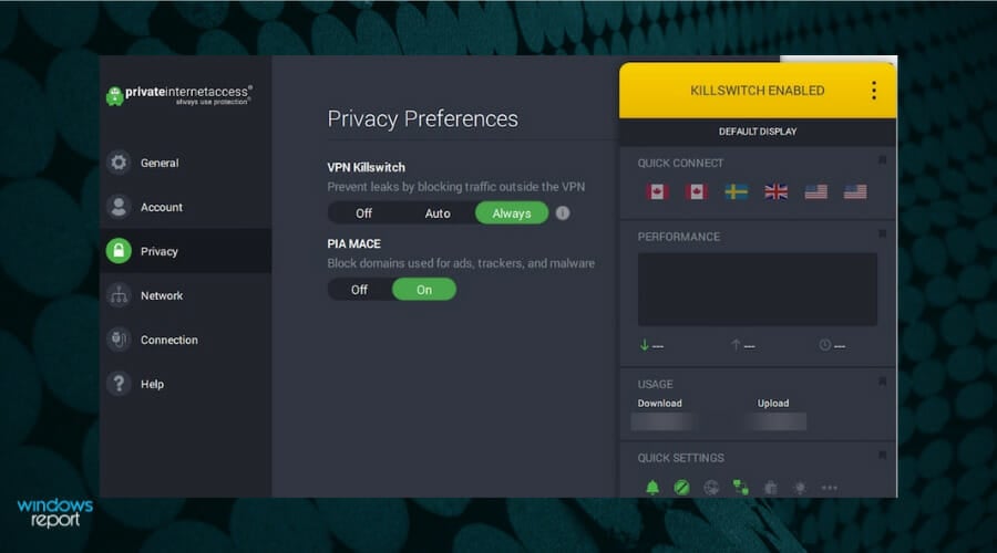 Кадр с интерфейсом Private Internet Access