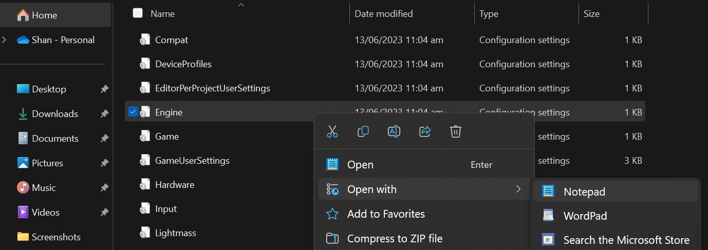 Открытие файла Engine.ini в Блокноте из папки Epic Games