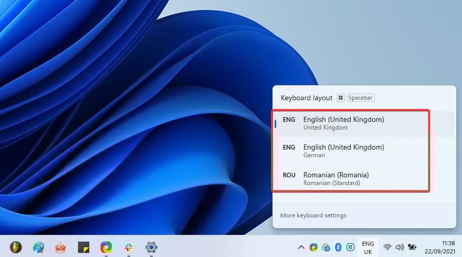 Выбор раскладки клавиатуры из панели языка