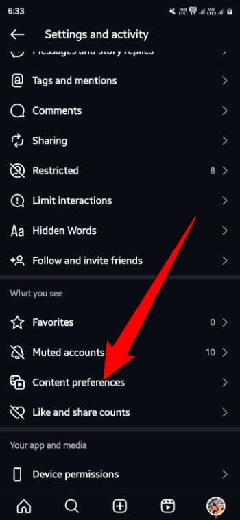Открыть настройки контента