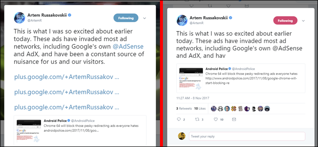 Интерфейс Block280, показывающий свёрнутый твит