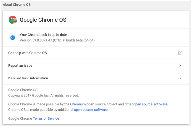 Экран проверки обновлений Chrome OS в Настройках