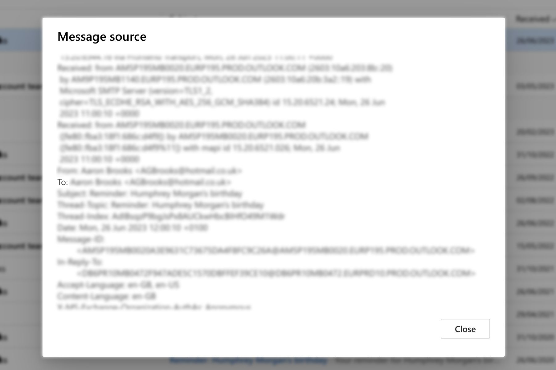 Скриншот, показывающий выделение поля To: в исходном сообщении