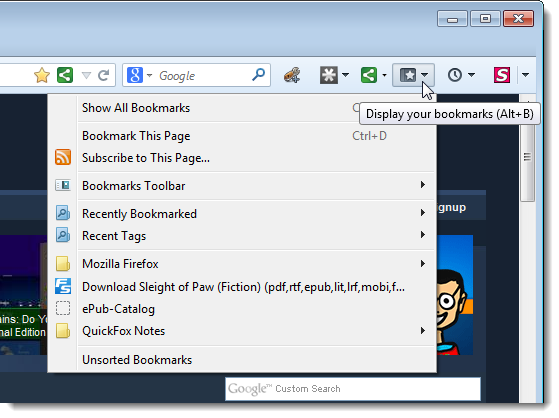 Кнопка закладок в тулбаре Firefox