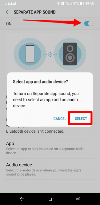 Включение переключателя Separate Sound App и подсказка выбора приложения и устройства
