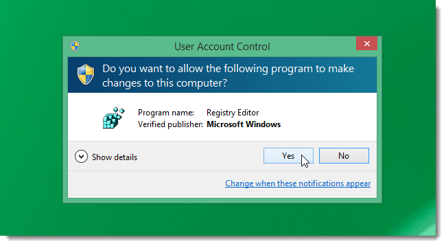 Диалог контроля учётных записей UAC при запуске regedit