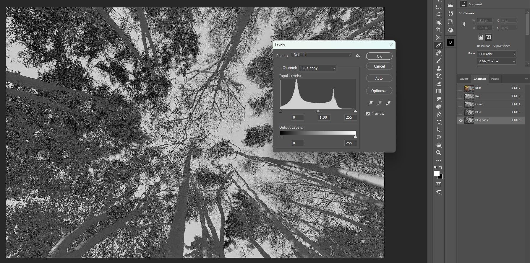 Диалог Levels для синего канала