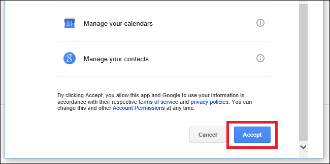 Список разрешений Google при подключении к Windows Календарю