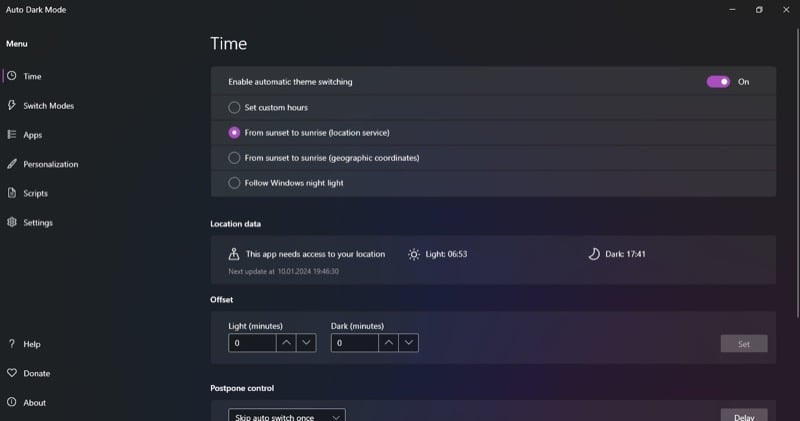 Опция «От заката до рассвета» в Auto Dark Mode