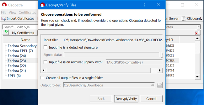 Результат проверки подписи в Kleopatra