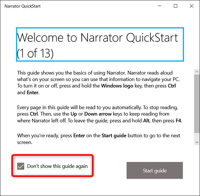 Окно QuickStart с подсказками по командам Narrator