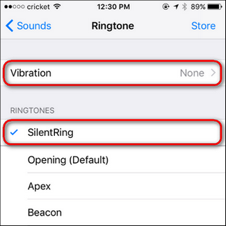Скриншот списка рингтонов iOS с выделенным SilentRing сверху списка