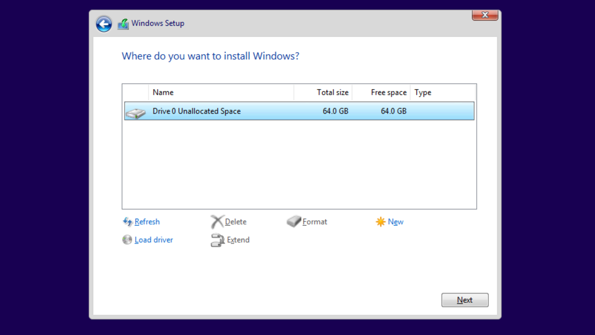 выбор пустого диска для установки Windows