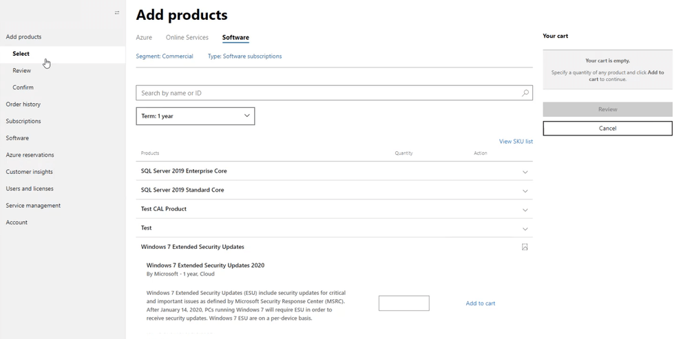 Фильтр Partner Center: выбрать подписку Software Subscriptions