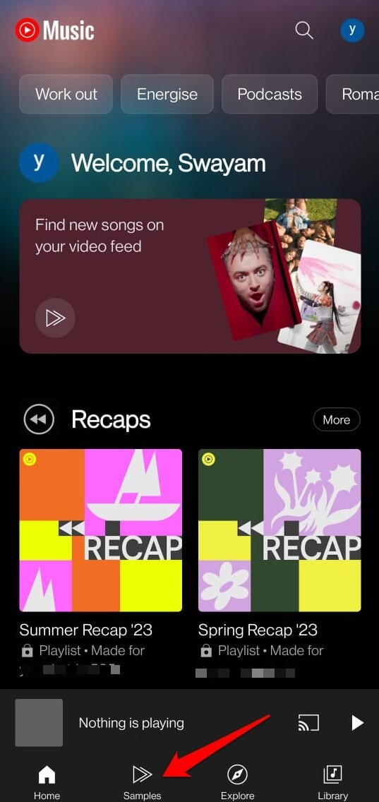 Вкладка Samples в приложении YouTube Music на главном экране