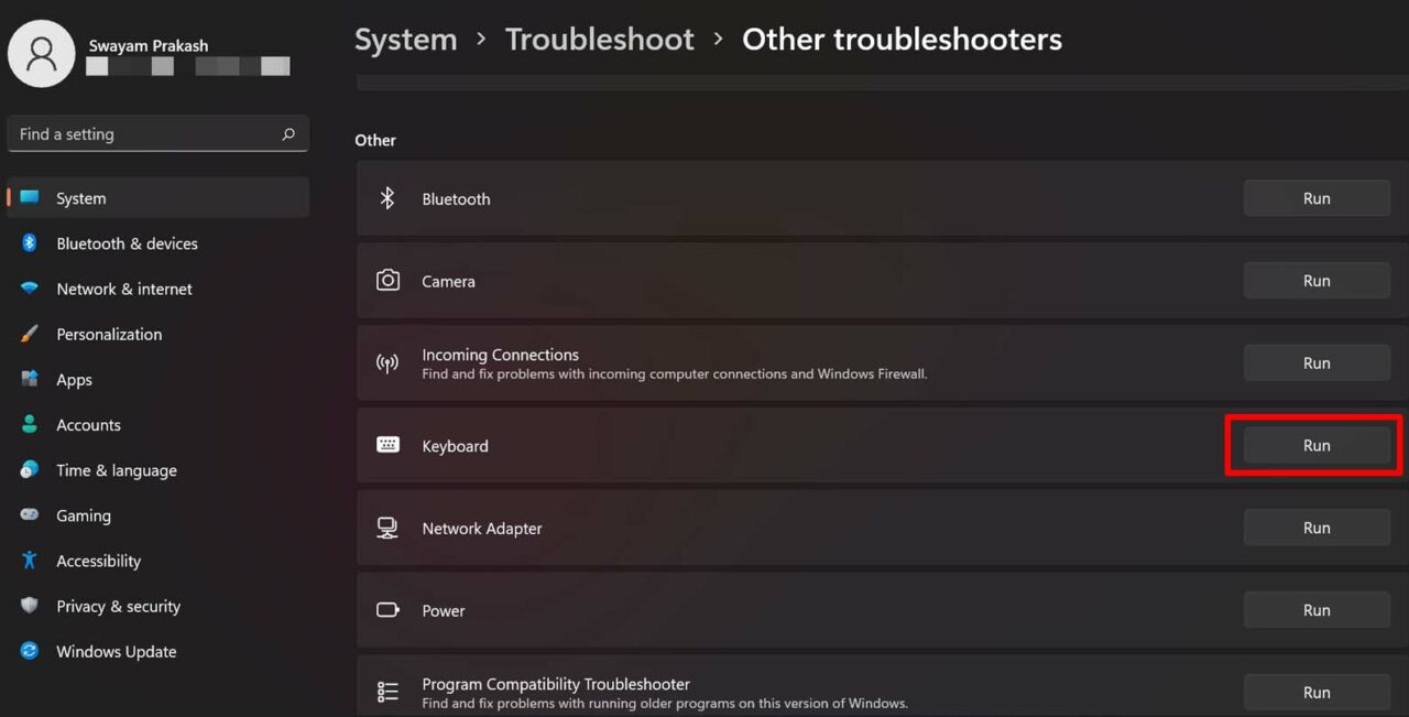 Запустить средство устранения неполадок клавиатуры
