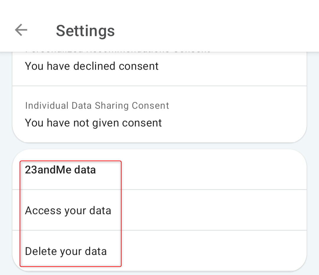 Страница настроек 23andMe в приложении с выделенной областью для доступа или удаления данных
