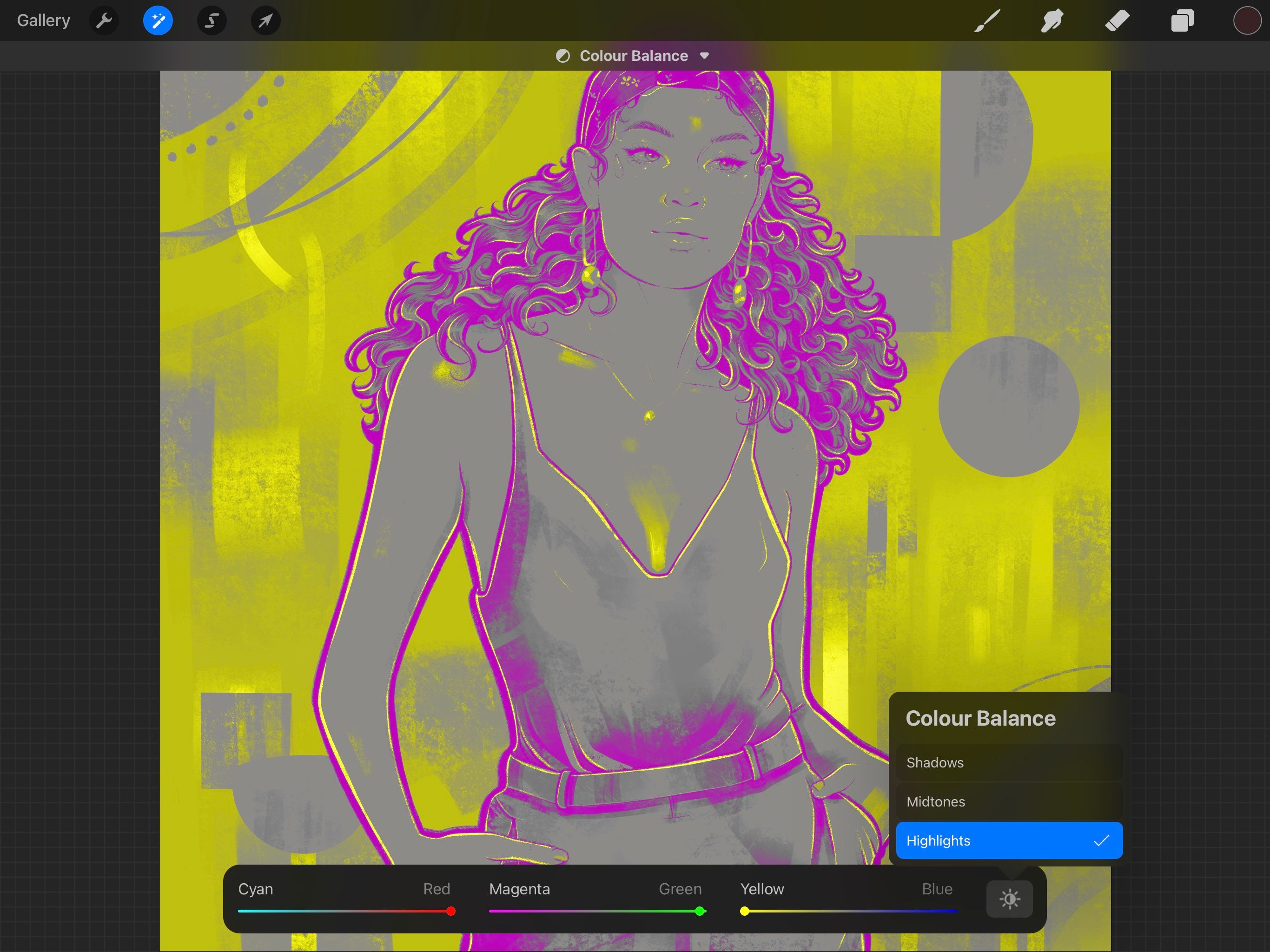 Скриншот иллюстрации в Procreate с жёлтыми светами и маджентовыми тенями