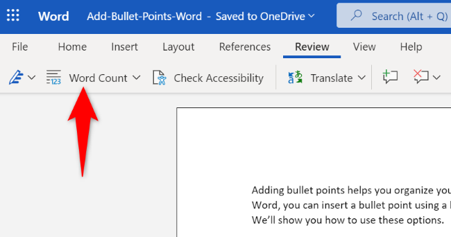 Пункт «Подсчёт слов» в веб‑версии Word