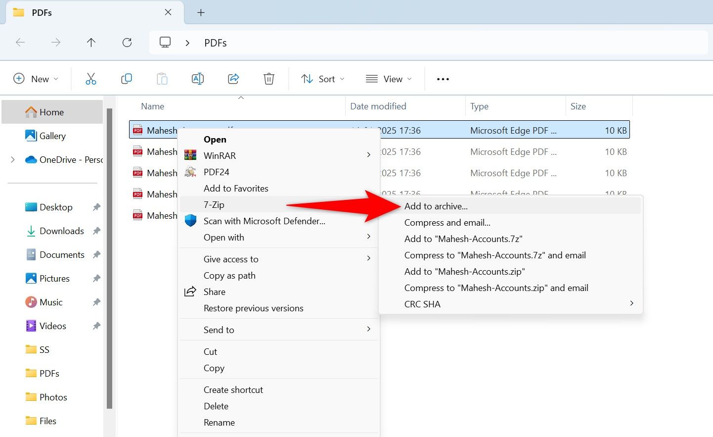 7‑Zip > Add to Archive выделено для PDF файла