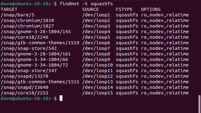 Просмотр точек монтирования squashfs с помощью findmnt