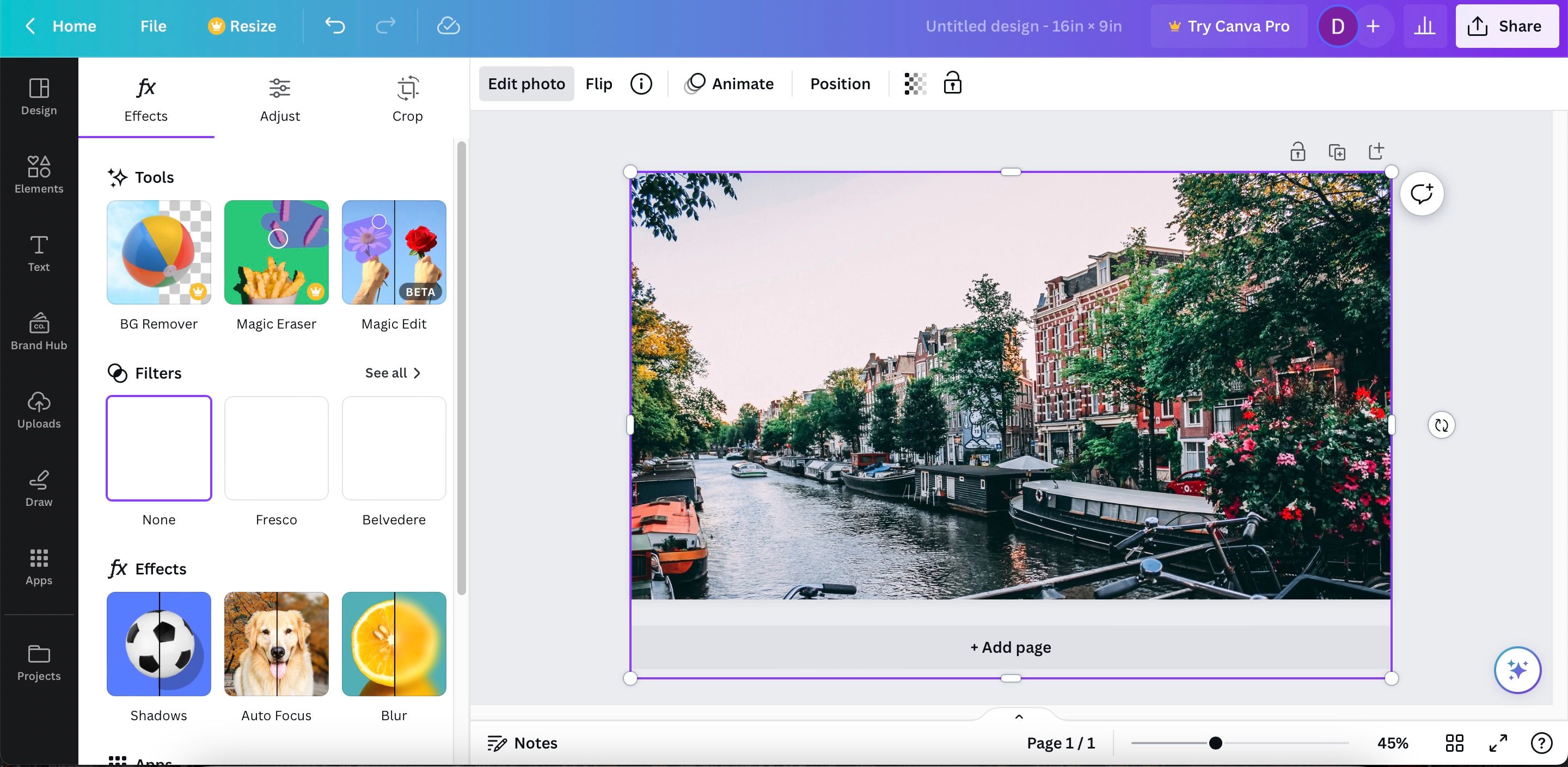 Панель редактирования фото в Canva