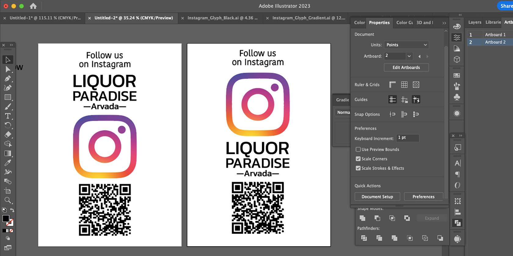 Примеры дизайнов в Adobe Illustrator с встроенными QR-кодами для Instagram