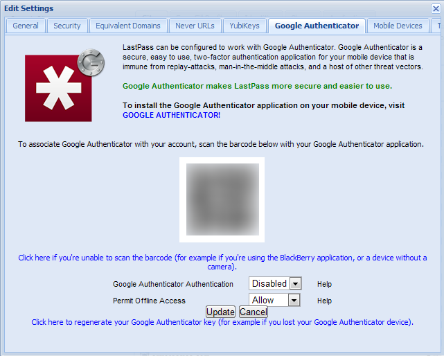 Вкладка Google Authenticator в настройках LastPass