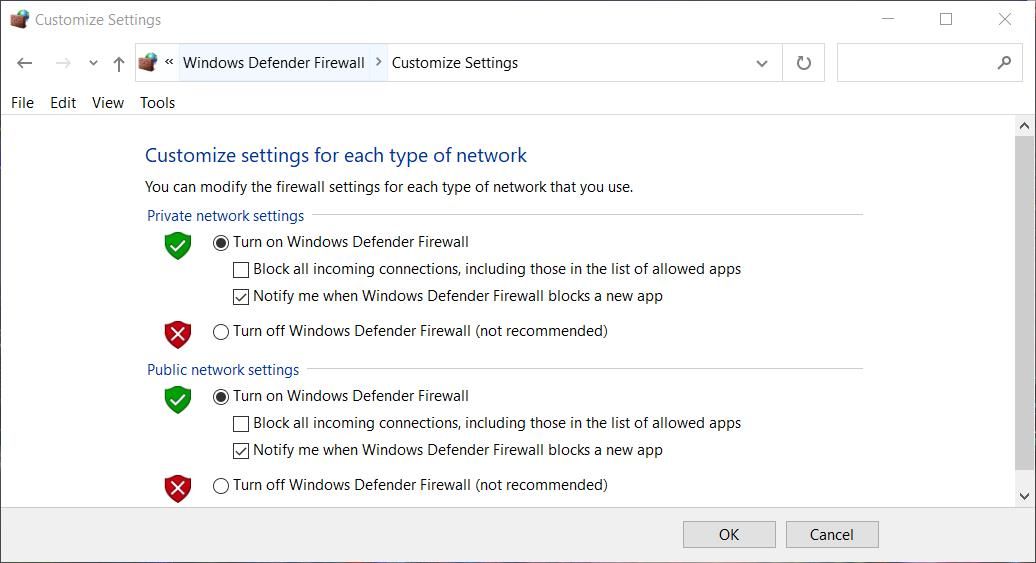 Опция «Отключить брандмауэр Windows Defender»
